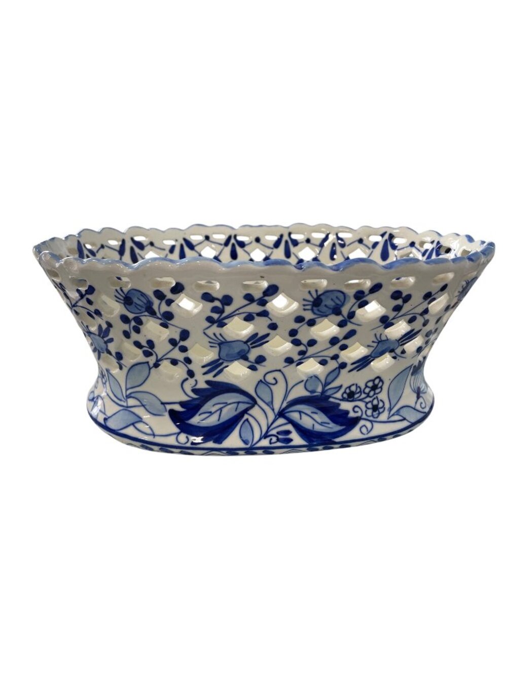Vintage Spanish Majolica Fruit Bowl Compote Full Lace Blue White Ceramic Bowl